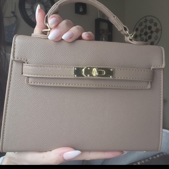 Top handle mini bag in khaki brown with gold hardware and crossbody strap - Picture 4 of 5